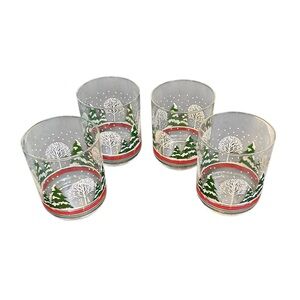 Vtg Libbey Snowy Winter Wonderland Snowy Trees Glasses Rocks Holiday Christmas